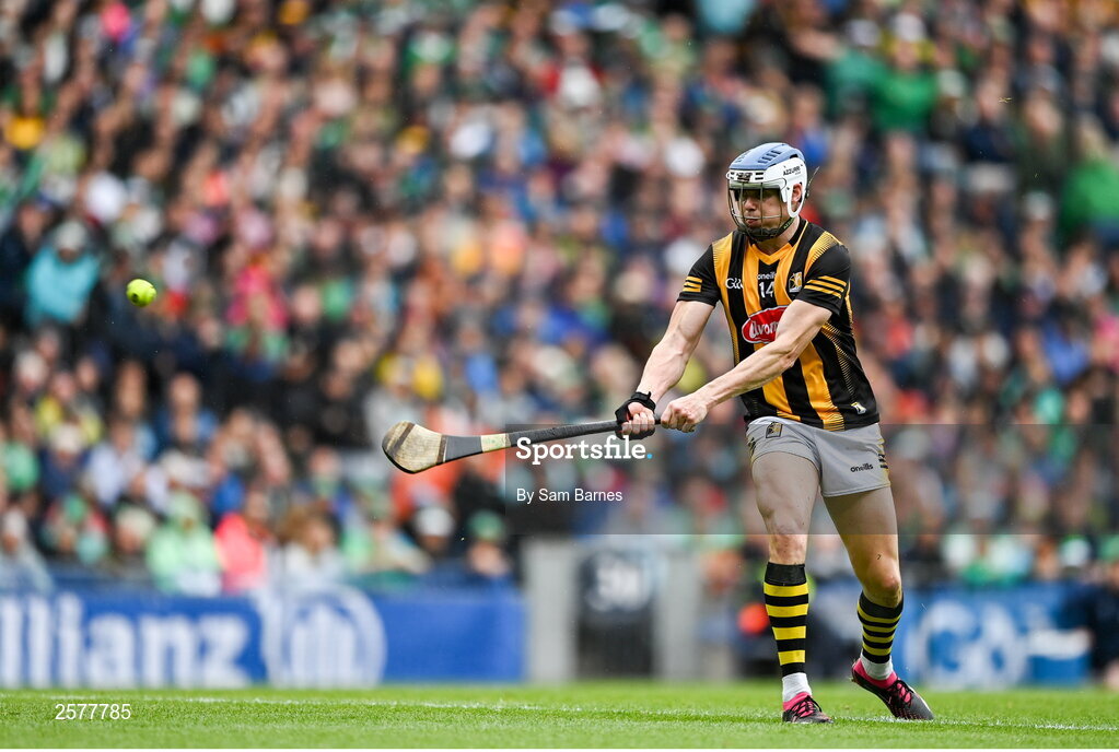 23 July 2023; TJ Reid of Kilkenny takes a free during the GAA Hurling All-Ireland Senior Championship final match between Kilkenny and Limerick at Croke Park in Dublin. Photo by Sam Barnes/Sportsfile