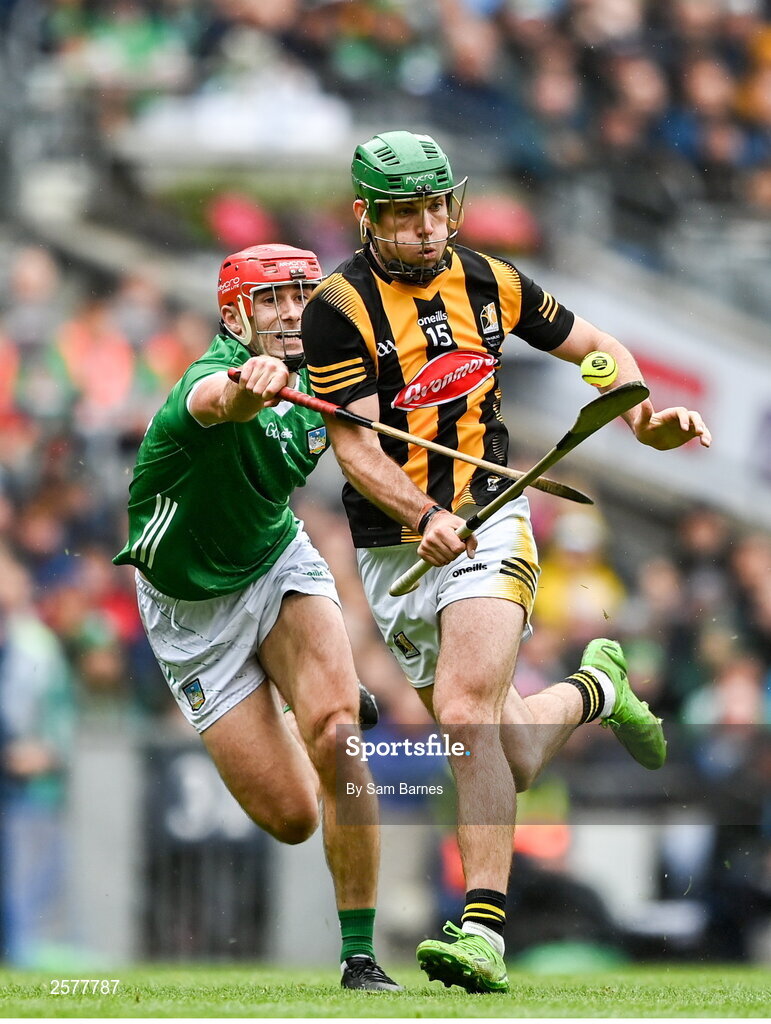 23 July 2023; Eoin Cody of Kilkenny in action against Barry Nash of Limerick  during the GAA Hurling All-Ireland Senior Championship final match between Kilkenny and Limerick at Croke Park in Dublin. Photo by Sam Barnes/Sportsfile