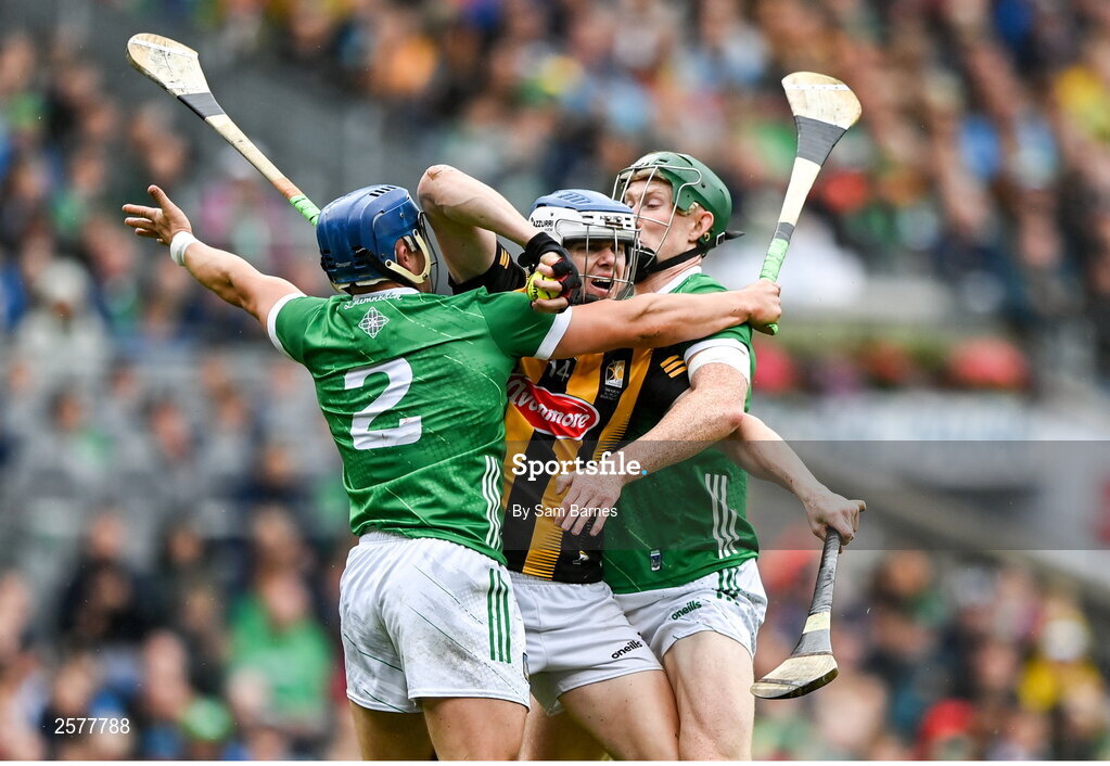 23 July 2023; TJ Reid of Kilkenny in action against Mike Casey, left, and William O'Donoghue of Limerick during the GAA Hurling All-Ireland Senior Championship final match between Kilkenny and Limerick at Croke Park in Dublin. Photo by Sam Barnes/Sportsfile