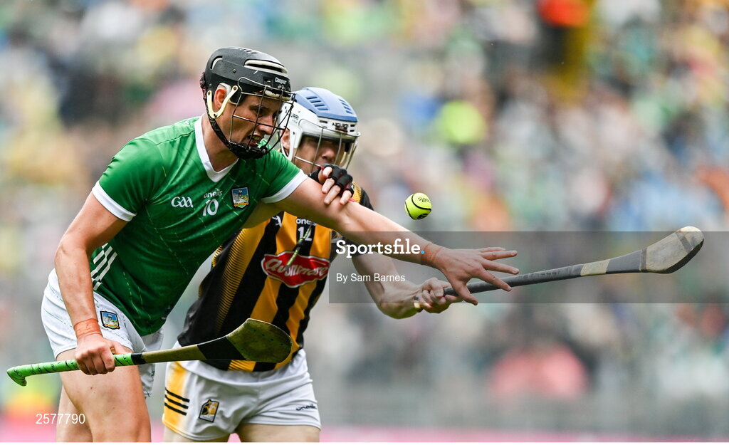 23 July 2023; Gearóid Hegarty of Limerick in action against TJ Reid of Kilkenny during the GAA Hurling All-Ireland Senior Championship final match between Kilkenny and Limerick at Croke Park in Dublin. Photo by Sam Barnes/Sportsfile