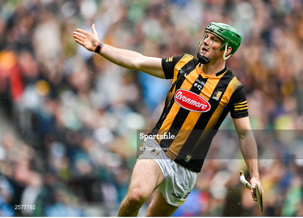 23 July 2023; Eoin Cody of Kilkenny celebrates after scoring his side's first goal during the GAA Hurling All-Ireland Senior Championship final match between Kilkenny and Limerick at Croke Park in Dublin. Photo by Sam Barnes/Sportsfile