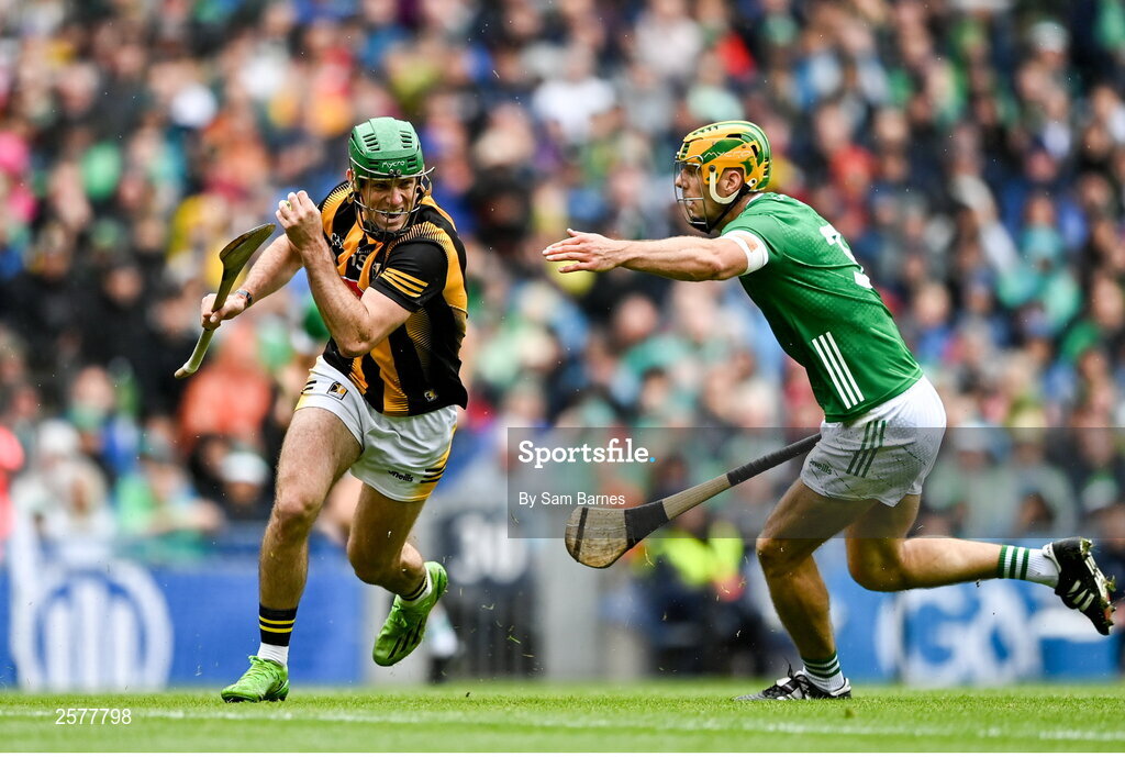 23 July 2023; Eoin Cody of Kilkenny in action against Dan Morrissey of Limerick during the GAA Hurling All-Ireland Senior Championship final match between Kilkenny and Limerick at Croke Park in Dublin. Photo by Sam Barnes/Sportsfile