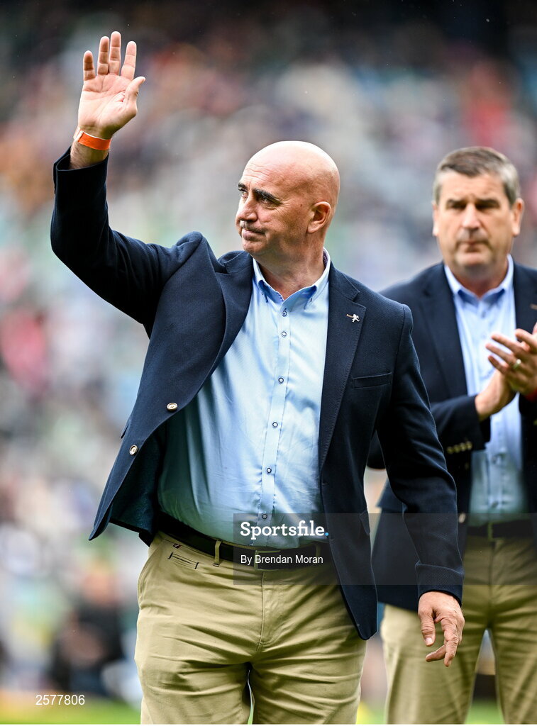 23 July 2023; Johnny Dooley of the Offaly 1998 All-Ireland winning Jubilee team as the team are honoured before the GAA Hurling All-Ireland Senior Championship final match between Kilkenny and Limerick at Croke Park in Dublin. Photo by Brendan Moran/Sportsfile Photo by Brendan Moran/Sportsfile