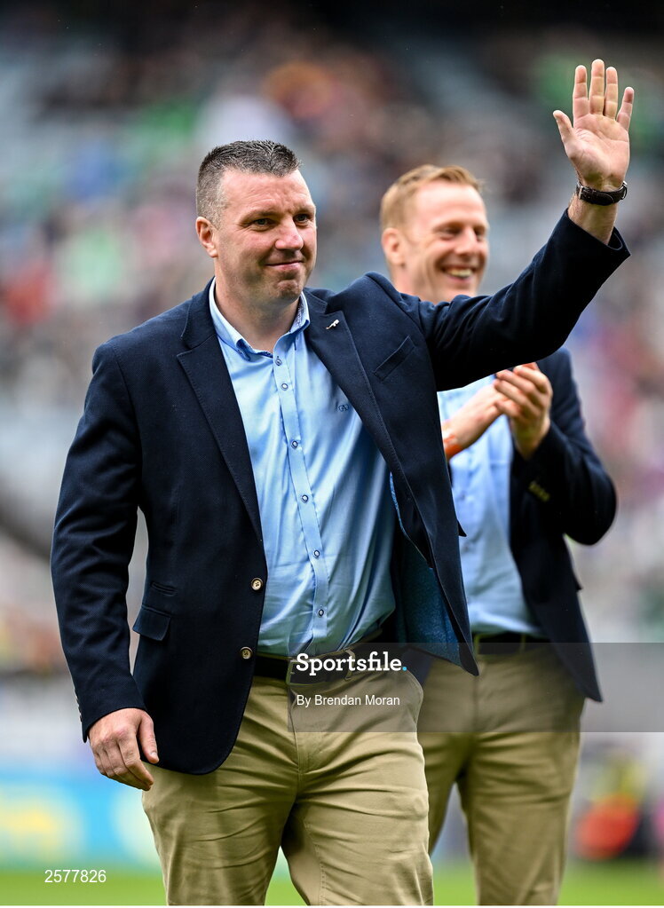 23 July 2023; Killian Farrell of the Offaly 1998 All-Ireland winning Jubilee team as the team are honoured before the GAA Hurling All-Ireland Senior Championship final match between Kilkenny and Limerick at Croke Park in Dublin. Photo by Brendan Moran/Sportsfile Photo by Brendan Moran/Sportsfile