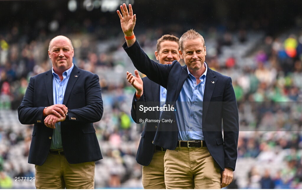 23 July 2023; Eunan Martin of the Offaly 1998 All-Ireland winning Jubilee team as the team are honoured before the GAA Hurling All-Ireland Senior Championship final match between Kilkenny and Limerick at Croke Park in Dublin. Photo by Ramsey Cardy/Sportsfile