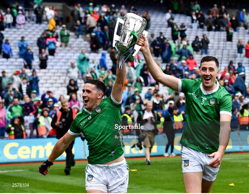 23 July 2023; Darragh O'Donovan, left, and Diarmaid Byrnes of Limerick celebrate with the cup after their side's victory in the GAA Hurling All-Ireland Senior Championship final match between Kilkenny and Limerick at Croke Park in Dublin. Photo by Sam Barnes/Sportsfile