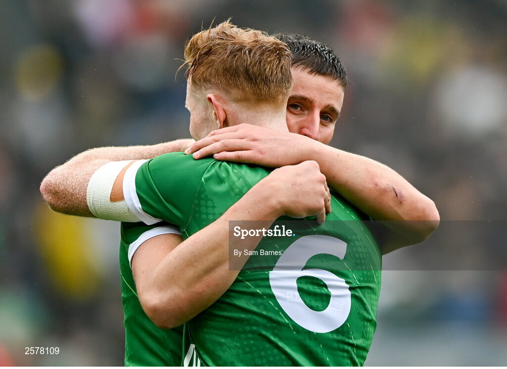 23 July 2023; Gearóid Hegarty of Limerick, right, celebrates with team-mate William O'Donoghue after their side's victory in the GAA Hurling All-Ireland Senior Championship final match between Kilkenny and Limerick at Croke Park in Dublin. Photo by Sam Barnes/Sportsfile
