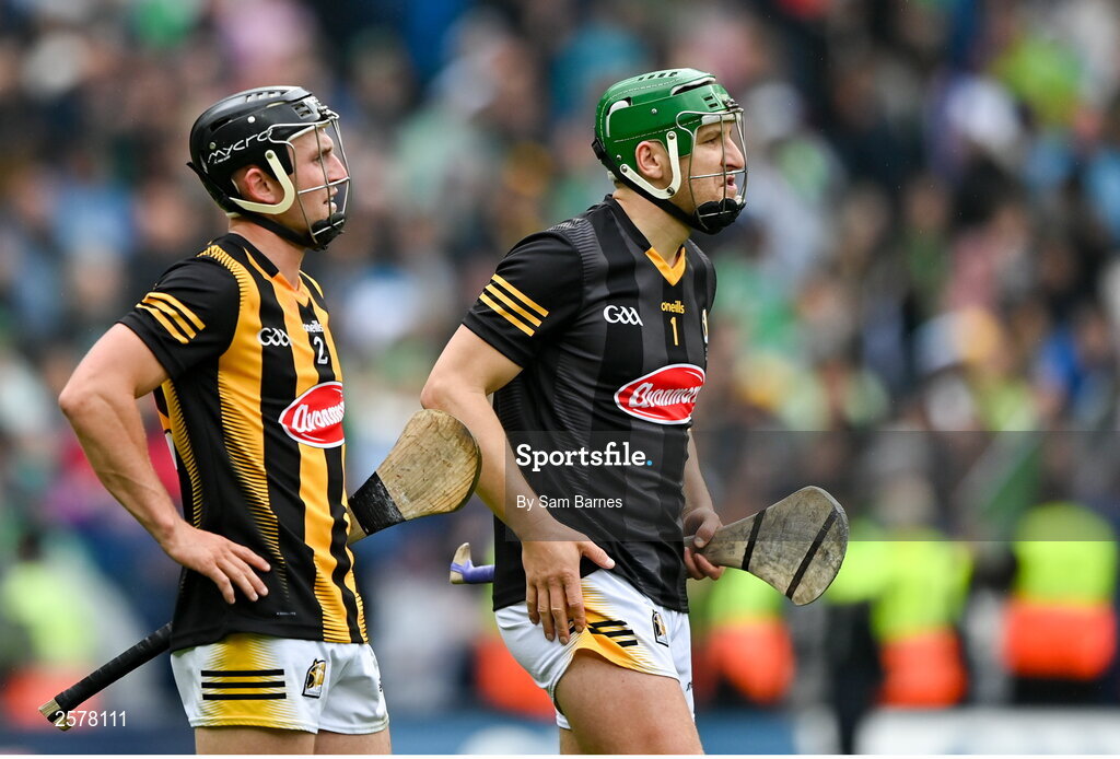 23 July 2023; Mikey Butler of Kilkenny, left, and Kilkenny goalkeeper Eoin Murphy dejected after their side's defeat in the GAA Hurling All-Ireland Senior Championship final match between Kilkenny and Limerick at Croke Park in Dublin. Photo by Sam Barnes/Sportsfile
