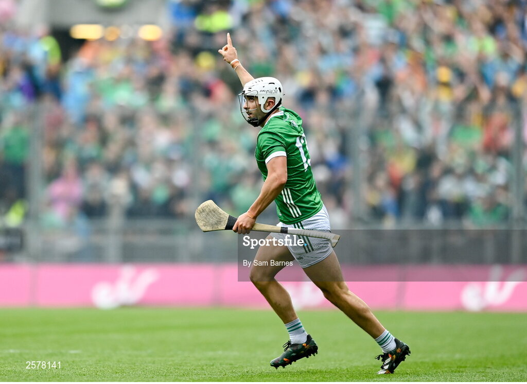 23 July 2023; Aaron Gillane of Limerick celebrates a score during the GAA Hurling All-Ireland Senior Championship final match between Kilkenny and Limerick at Croke Park in Dublin. Photo by Sam Barnes/Sportsfile