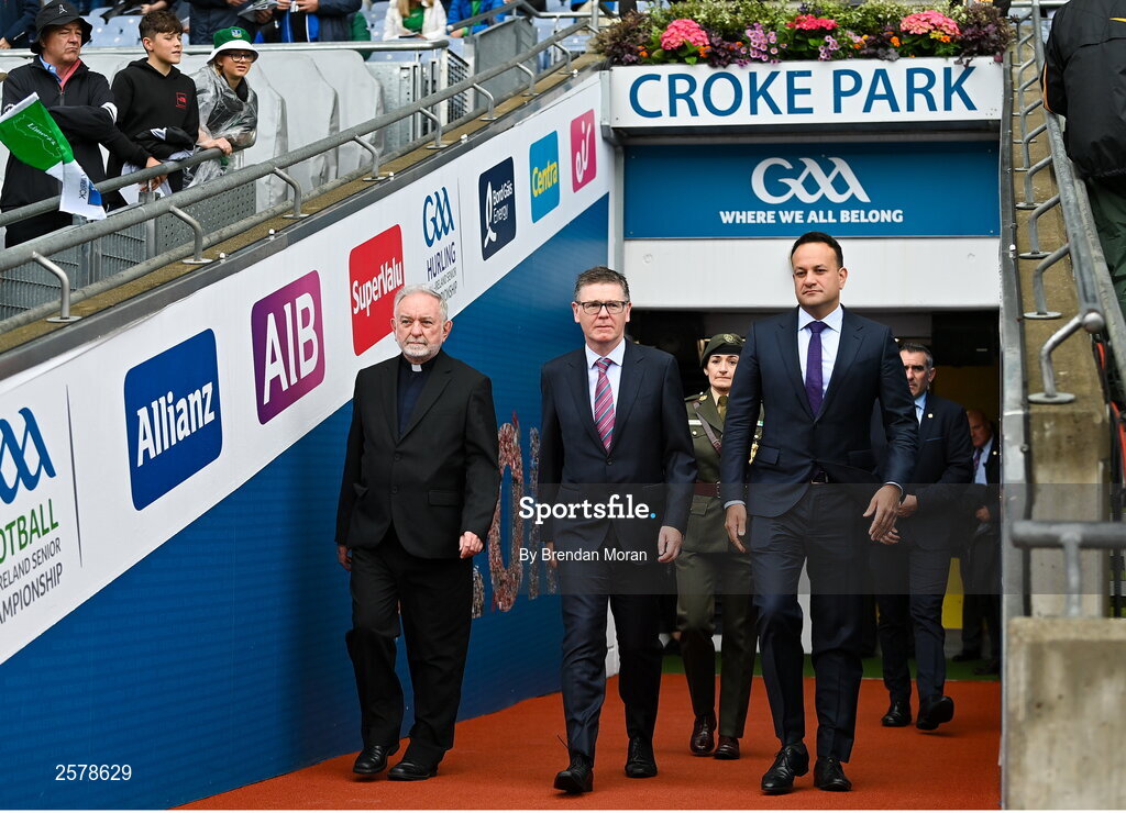 23 July 2023; Patron of the GAA, Bishop of Cashel and Emly Kieran O'Reilly, left, Ard Stiúrthóir of the GAA Tom Ryan, centre, and An Taoiseach Leo Varadkar TD arrive before the GAA Hurling All-Ireland Senior Championship final match between Kilkenny and Limerick at Croke Park in Dublin. Photo by Brendan Moran/Sportsfile