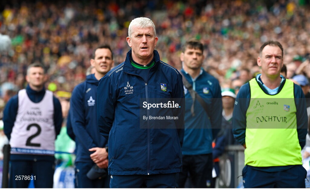 23 July 2023; Limerick manager John Kiely stands for Amhrán na bhFiann before the GAA Hurling All-Ireland Senior Championship final match between Kilkenny and Limerick at Croke Park in Dublin. Photo by Brendan Moran/Sportsfile
