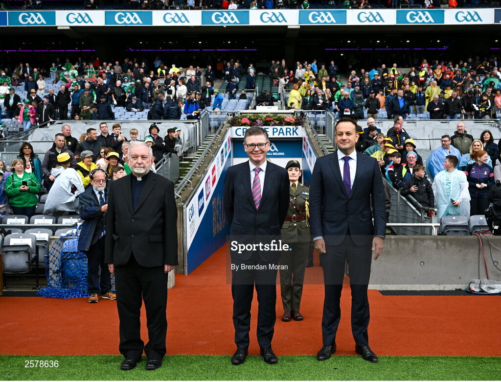 23 July 2023; Patron of the GAA, Bishop of Cashel and Emly Kieran O'Reilly, left, Ard Stiúrthóir of the GAA Tom Ryan, centre, and An Taoiseach Leo Varadkar TD arrive before the GAA Hurling All-Ireland Senior Championship final match between Kilkenny and Limerick at Croke Park in Dublin. Photo by Brendan Moran/Sportsfile