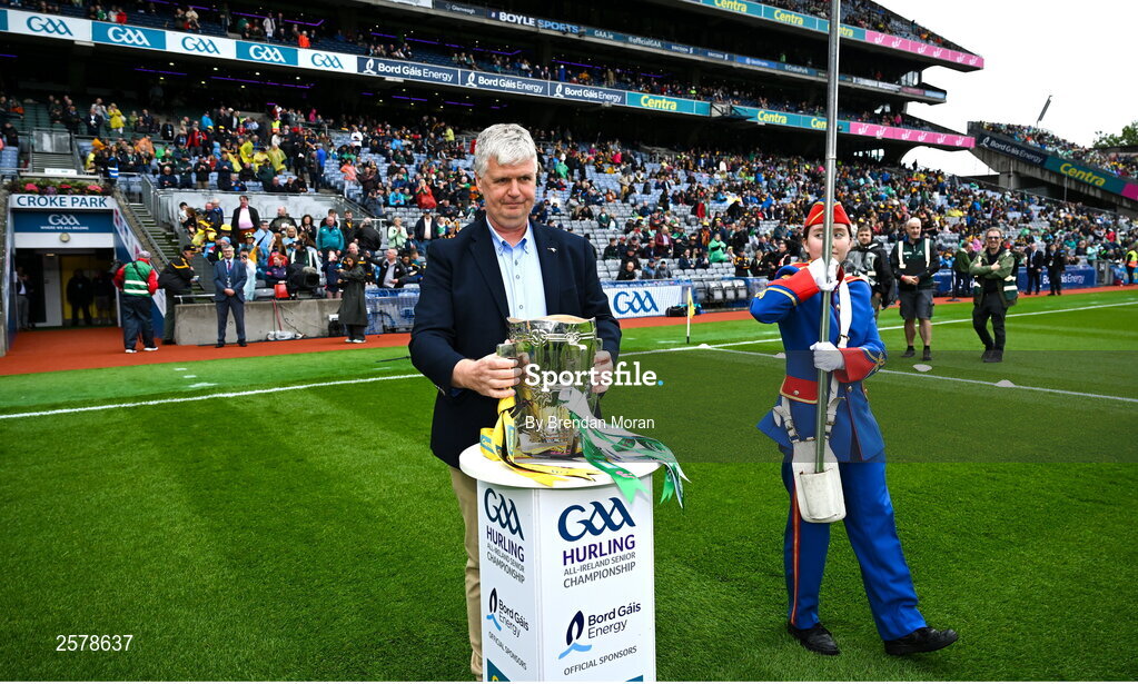 23 July 2023; Captain of the 1998 Offaly All-Ireland winning team Hubert Rigney brings out the Liam MacCarthy cup to the plinth before the GAA Hurling All-Ireland Senior Championship final match between Kilkenny and Limerick at Croke Park in Dublin. Photo by Brendan Moran/Sportsfile