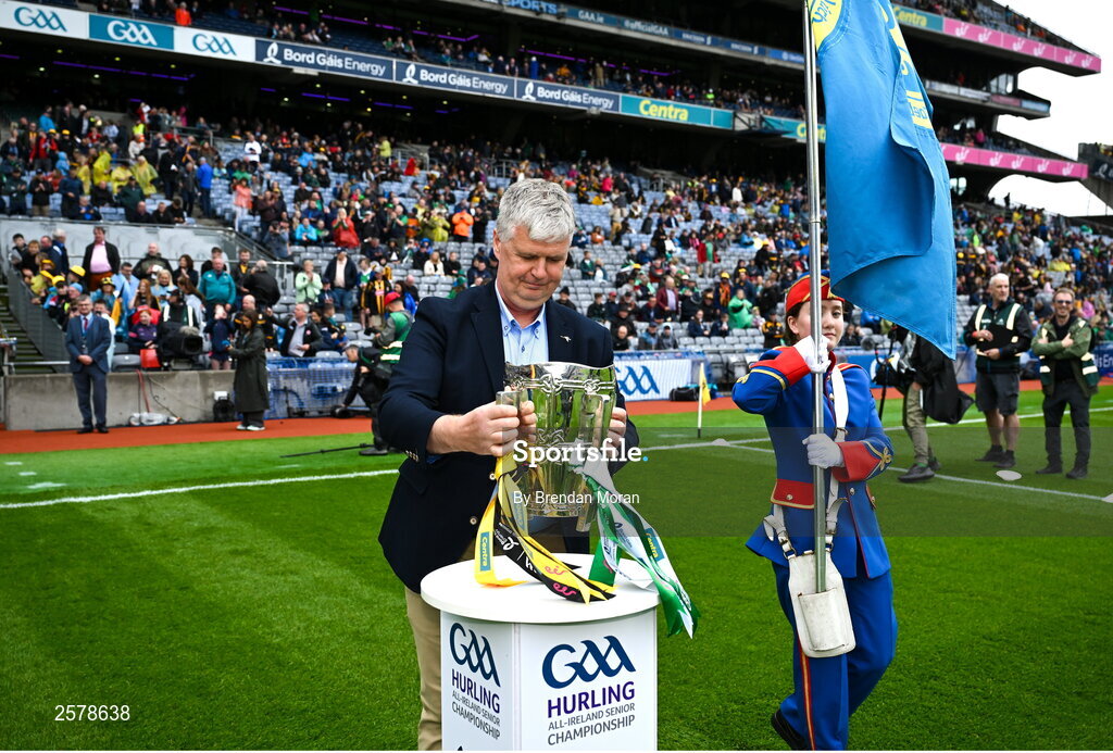23 July 2023; Captain of the 1998 Offaly All-Ireland winning team Hubert Rigney brings out the Liam MacCarthy cup to the plinth before the GAA Hurling All-Ireland Senior Championship final match between Kilkenny and Limerick at Croke Park in Dublin. Photo by Brendan Moran/Sportsfile