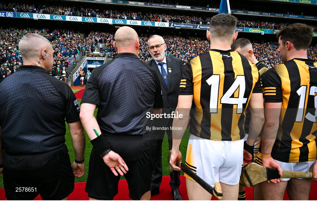 23 July 2023; Referee John Keenan greets Uachtarán Chumann Lúthchleas Gael Larry McCarthy before the GAA Hurling All-Ireland Senior Championship final match between Kilkenny and Limerick at Croke Park in Dublin. Photo by Brendan Moran/Sportsfile