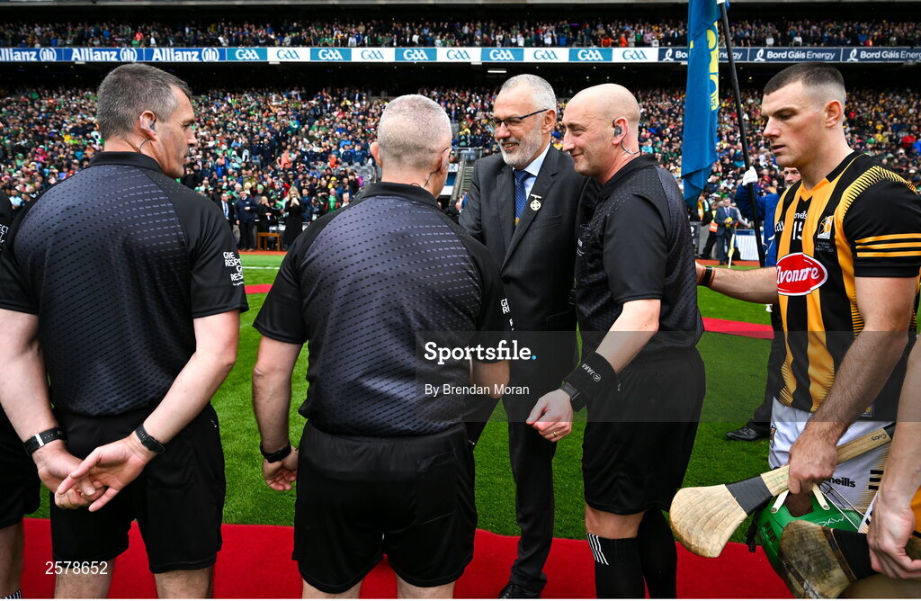 23 July 2023; Referee John Keenan introduces Uachtarán Chumann Lúthchleas Gael Larry McCarthy to his match officials before the GAA Hurling All-Ireland Senior Championship final match between Kilkenny and Limerick at Croke Park in Dublin. Photo by Brendan Moran/Sportsfile