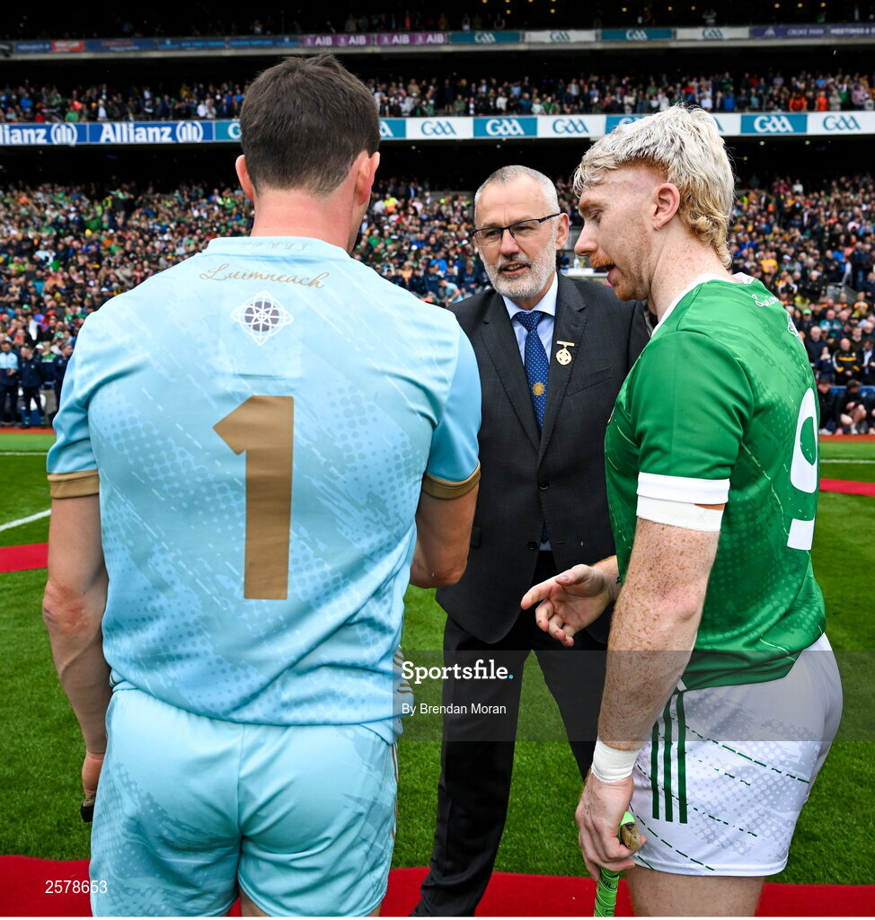 23 July 2023; Limerick captain Cian Lynch introduces teammate Nickie Quaid to Uachtarán Chumann Lúthchleas Gael Larry McCarthy before the GAA Hurling All-Ireland Senior Championship final match between Kilkenny and Limerick at Croke Park in Dublin. Photo by Brendan Moran/Sportsfile