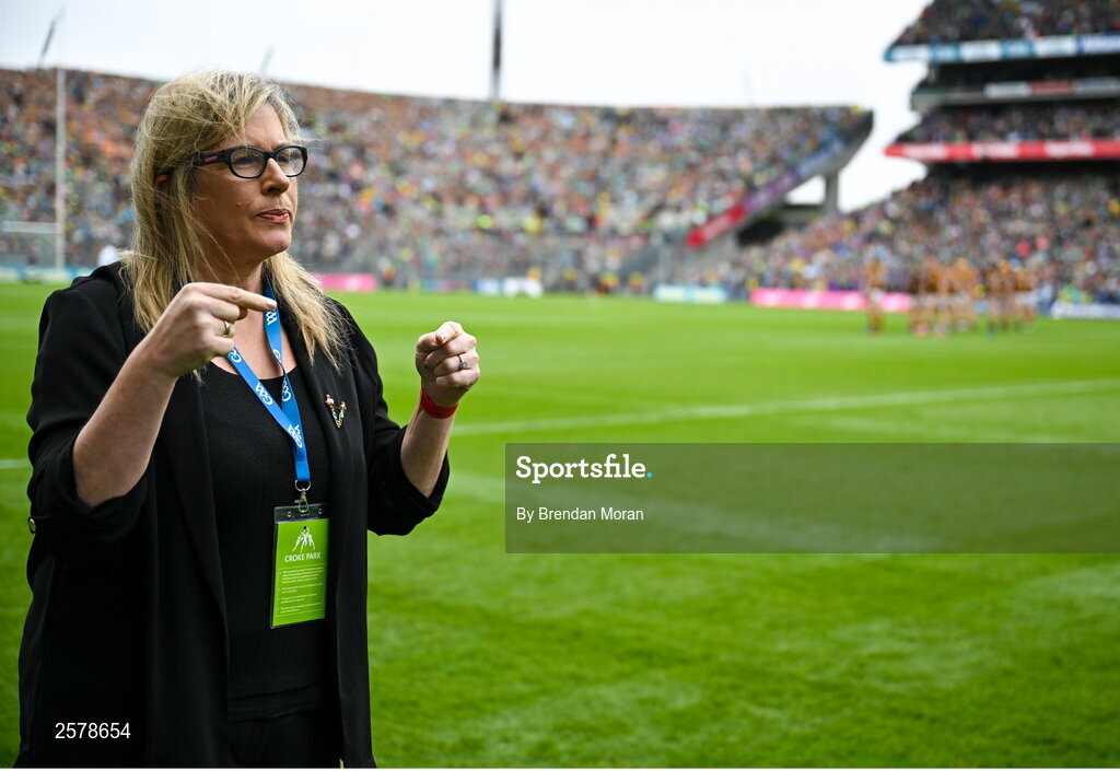 23 July 2023; Amhrán na bhFiann is signed by Vanessa O'Connell before the GAA Hurling All-Ireland Senior Championship final match between Kilkenny and Limerick at Croke Park in Dublin. Photo by Brendan Moran/Sportsfile