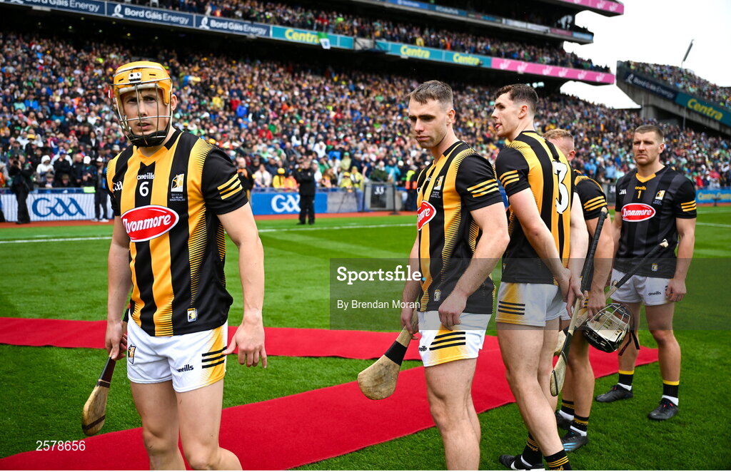 23 July 2023; Kilkenny players, from left, Richie Reid, Tommy Walsh and Huw Lawlor before the GAA Hurling All-Ireland Senior Championship final match between Kilkenny and Limerick at Croke Park in Dublin. Photo by Brendan Moran/Sportsfile