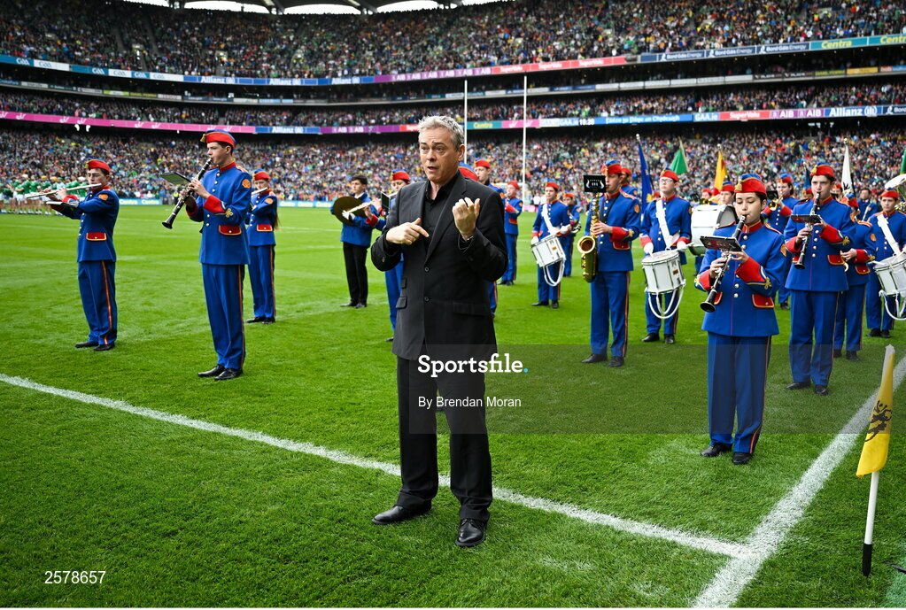 23 July 2023; Amhrán na bhFiann is signed by Senan Dunne and performed by the Artane Band before the GAA Hurling All-Ireland Senior Championship final match between Kilkenny and Limerick at Croke Park in Dublin. Photo by Brendan Moran/Sportsfile