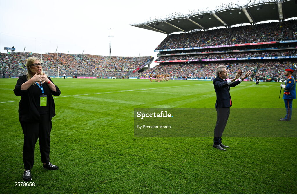 23 July 2023; Amhrán na bhFiann is signed by Vanessa O'Connell before the GAA Hurling All-Ireland Senior Championship final match between Kilkenny and Limerick at Croke Park in Dublin. Photo by Brendan Moran/Sportsfile