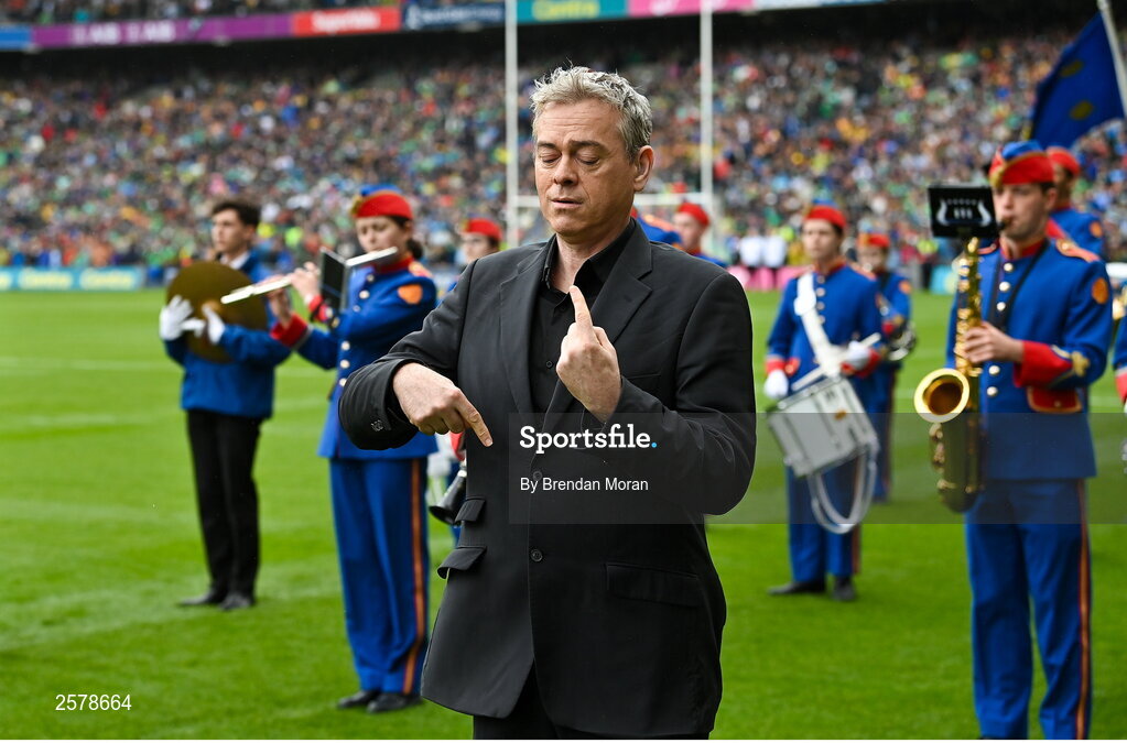 23 July 2023; Amhrán na bhFiann is signed by Senan Dunne and performed by the Artane Band before the GAA Hurling All-Ireland Senior Championship final match between Kilkenny and Limerick at Croke Park in Dublin. Photo by Brendan Moran/Sportsfile