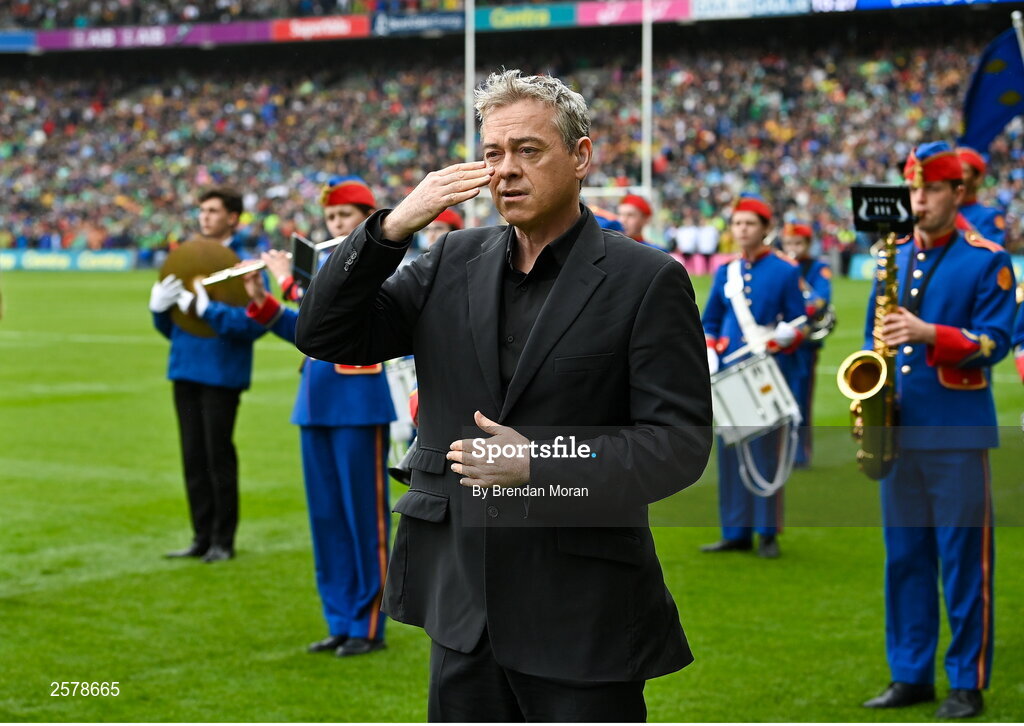 23 July 2023; Amhrán na bhFiann is signed by Senan Dunne and performed by the Artane Band before the GAA Hurling All-Ireland Senior Championship final match between Kilkenny and Limerick at Croke Park in Dublin. Photo by Brendan Moran/Sportsfile