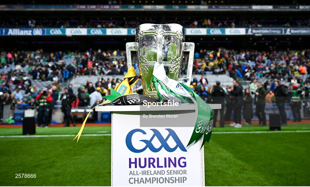 23 July 2023; The Liam MacCarthy cup pitchside before the GAA Hurling All-Ireland Senior Championship final match between Kilkenny and Limerick at Croke Park in Dublin. Photo by Brendan Moran/Sportsfile