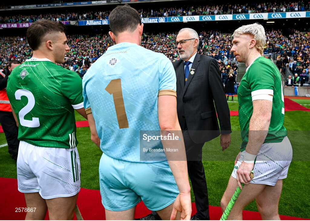 23 July 2023; Limerick captain Cian Lynch introduces teammate Mike Casey to Uachtarán Chumann Lúthchleas Gael Larry McCarthy before the GAA Hurling All-Ireland Senior Championship final match between Kilkenny and Limerick at Croke Park in Dublin. Photo by Brendan Moran/Sportsfile