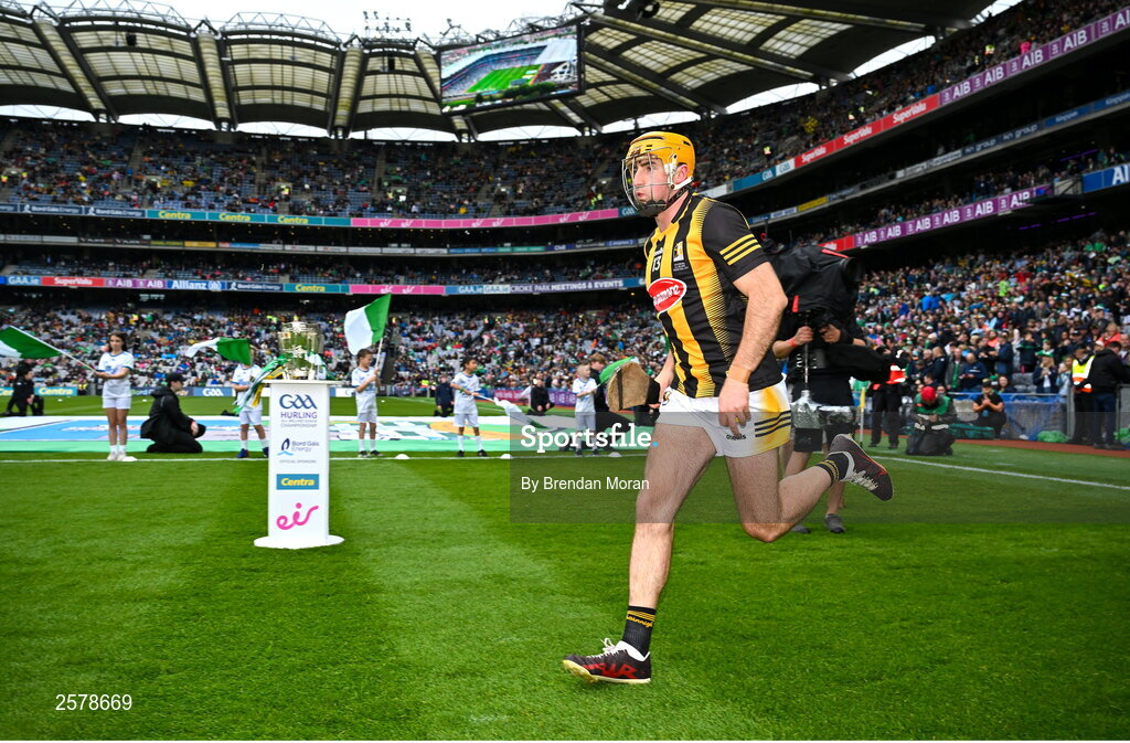23 July 2023; Billy Ryan of Kilkenny runs past the Liam MacCarthy cup as he runs on the pitch before the GAA Hurling All-Ireland Senior Championship final match between Kilkenny and Limerick at Croke Park in Dublin. Photo by Brendan Moran/Sportsfile
