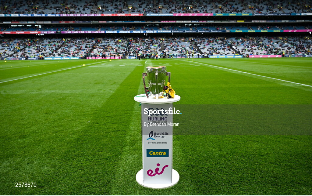 23 July 2023; The Liam MacCarthy cup pitchside before the GAA Hurling All-Ireland Senior Championship final match between Kilkenny and Limerick at Croke Park in Dublin. Photo by Brendan Moran/Sportsfile