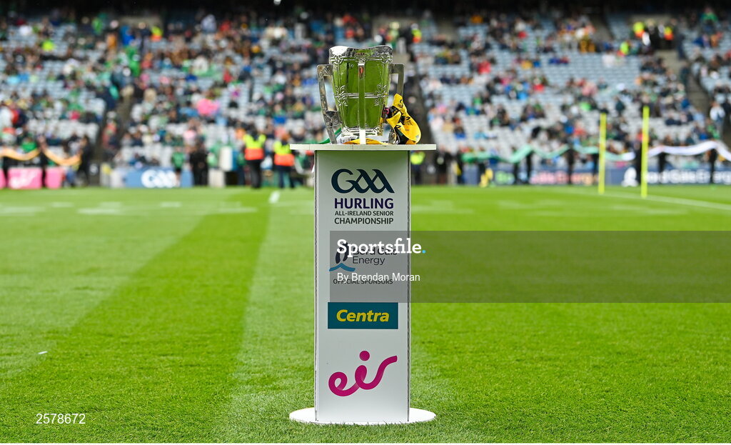 23 July 2023; The Liam MacCarthy cup pitchside before the GAA Hurling All-Ireland Senior Championship final match between Kilkenny and Limerick at Croke Park in Dublin. Photo by Brendan Moran/Sportsfile