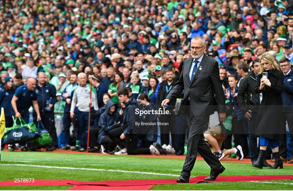23 July 2023; Uachtarán Chumann Lúthchleas Gael Larry McCarthy walks to meet the teams before the GAA Hurling All-Ireland Senior Championship final match between Kilkenny and Limerick at Croke Park in Dublin. Photo by Brendan Moran/Sportsfile