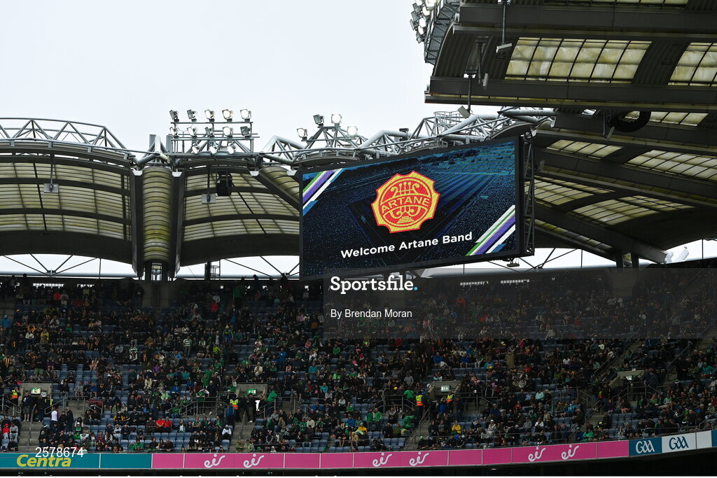 23 July 2023; The Artane Band logo on the big screen before the GAA Hurling All-Ireland Senior Championship final match between Kilkenny and Limerick at Croke Park in Dublin. Photo by Brendan Moran/Sportsfile