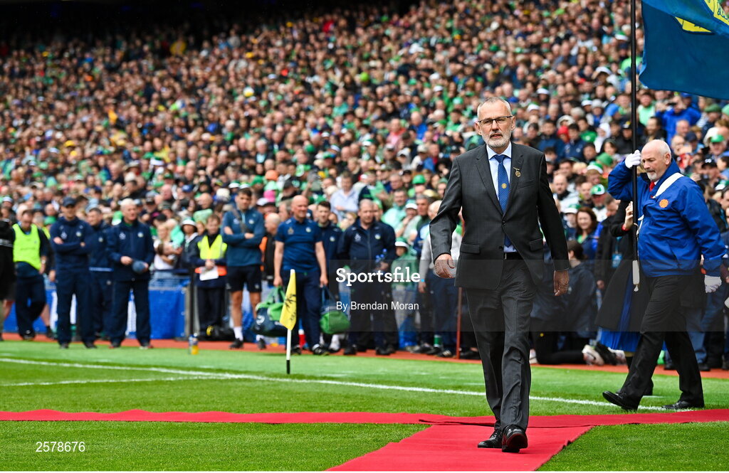 23 July 2023; Uachtarán Chumann Lúthchleas Gael Larry McCarthy walks to meet the teams before the GAA Hurling All-Ireland Senior Championship final match between Kilkenny and Limerick at Croke Park in Dublin. Photo by Brendan Moran/Sportsfile