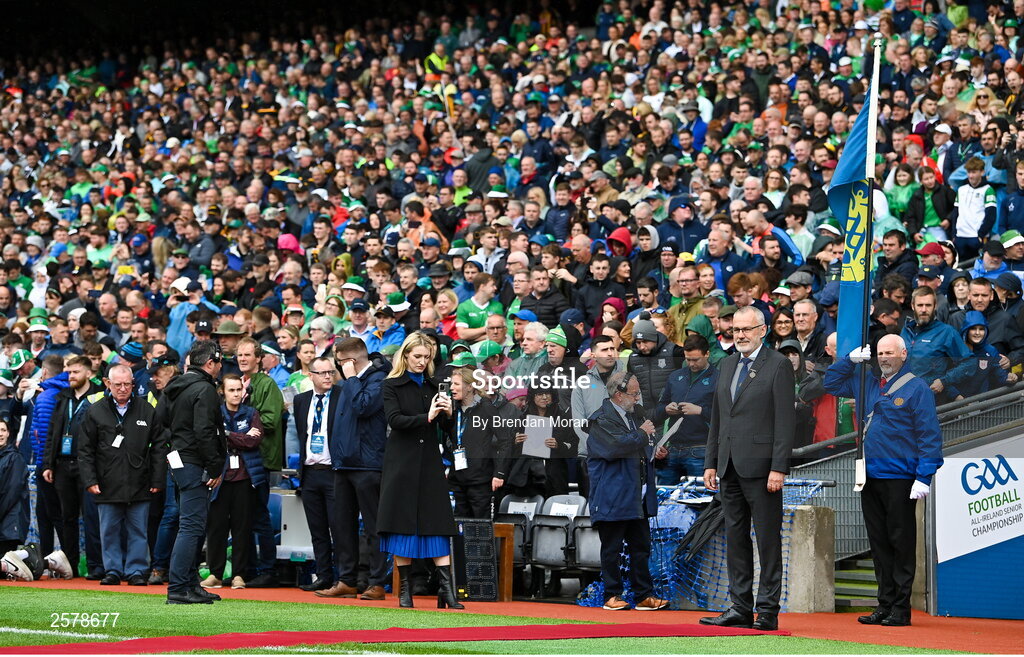 23 July 2023; Uachtarán Chumann Lúthchleas Gael Larry McCarthy waits to meet the teams before the GAA Hurling All-Ireland Senior Championship final match between Kilkenny and Limerick at Croke Park in Dublin. Photo by Brendan Moran/Sportsfile