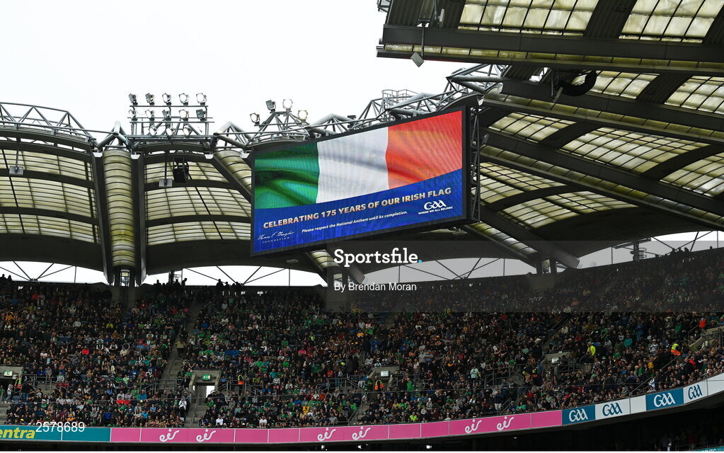 23 July 2023; The Irish tricolour on the big screen before the GAA Hurling All-Ireland Senior Championship final match between Kilkenny and Limerick at Croke Park in Dublin. Photo by Brendan Moran/Sportsfile