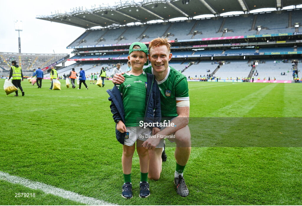 23 July 2023; William O'Donoghue of Limerick with Fionn Lynch after the GAA Hurling All-Ireland Senior Championship final match between Kilkenny and Limerick at Croke Park in Dublin. Photo by David Fitzgerald/Sportsfile