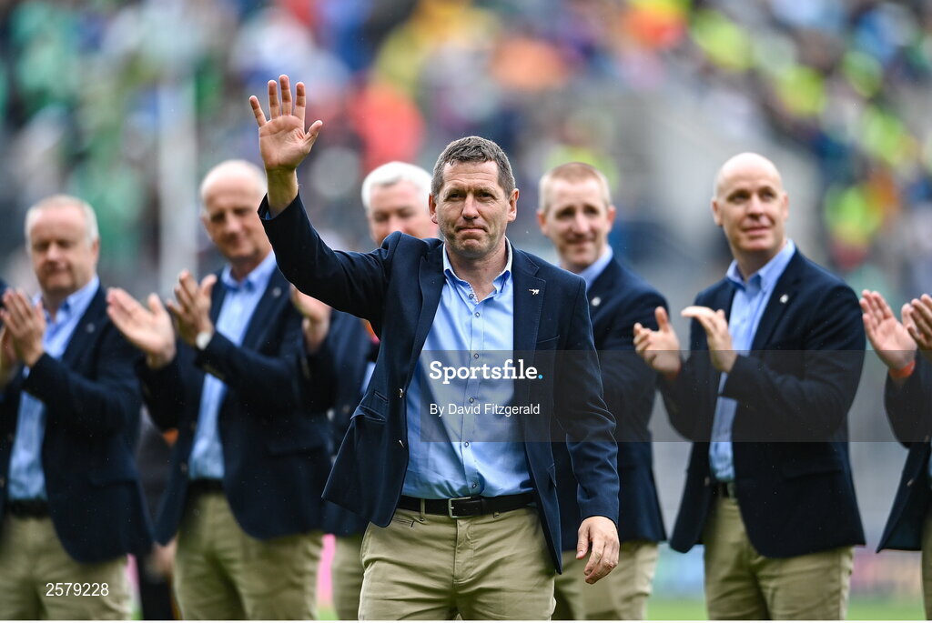 23 July 2023; Paudie Mulhare of the Offaly 1998 All-Ireland winning Jubilee team as the team are honoured before the GAA Hurling All-Ireland Senior Championship final match between Kilkenny and Limerick at Croke Park in Dublin. Photo by David Fitzgerald/Sportsfile