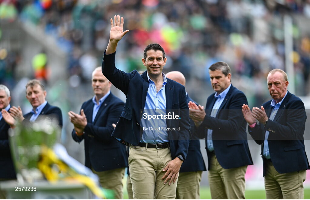 23 July 2023; Gary Hanniffy of the Offaly 1998 All-Ireland winning Jubilee team as the team are honoured before the GAA Hurling All-Ireland Senior Championship final match between Kilkenny and Limerick at Croke Park in Dublin. Photo by David Fitzgerald/Sportsfile