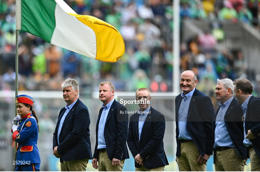23 July 2023; The Offaly 1998 All-Ireland winning Jubilee team as the team are honoured before the GAA Hurling All-Ireland Senior Championship final match between Kilkenny and Limerick at Croke Park in Dublin. Photo by David Fitzgerald/Sportsfile