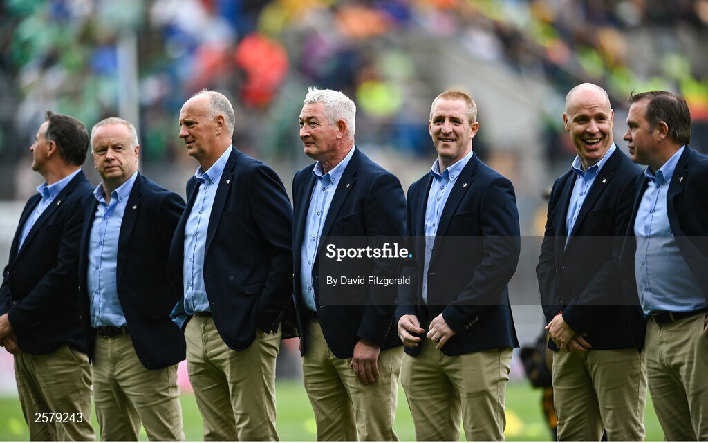 23 July 2023; The Offaly 1998 All-Ireland winning Jubilee team as the team are honoured before the GAA Hurling All-Ireland Senior Championship final match between Kilkenny and Limerick at Croke Park in Dublin. Photo by David Fitzgerald/Sportsfile