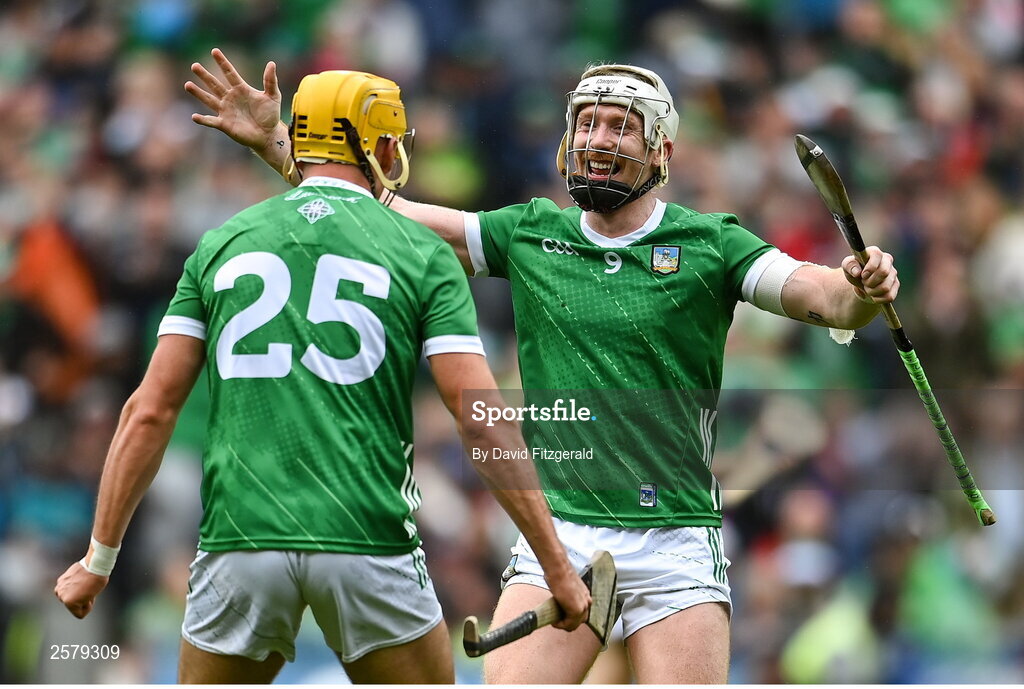 23 July 2023; Cian Lynch, right, and Cathal O'Neill of Limerick celebrate after the GAA Hurling All-Ireland Senior Championship final match between Kilkenny and Limerick at Croke Park in Dublin. Photo by David Fitzgerald/Sportsfile