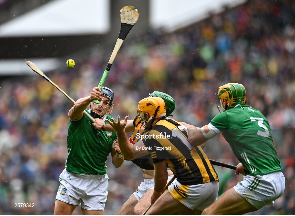 23 July 2023; Mike Casey of Limerick in action against Eoin Cody of Kilkenny during the GAA Hurling All-Ireland Senior Championship final match between Kilkenny and Limerick at Croke Park in Dublin. Photo by David Fitzgerald/Sportsfile
