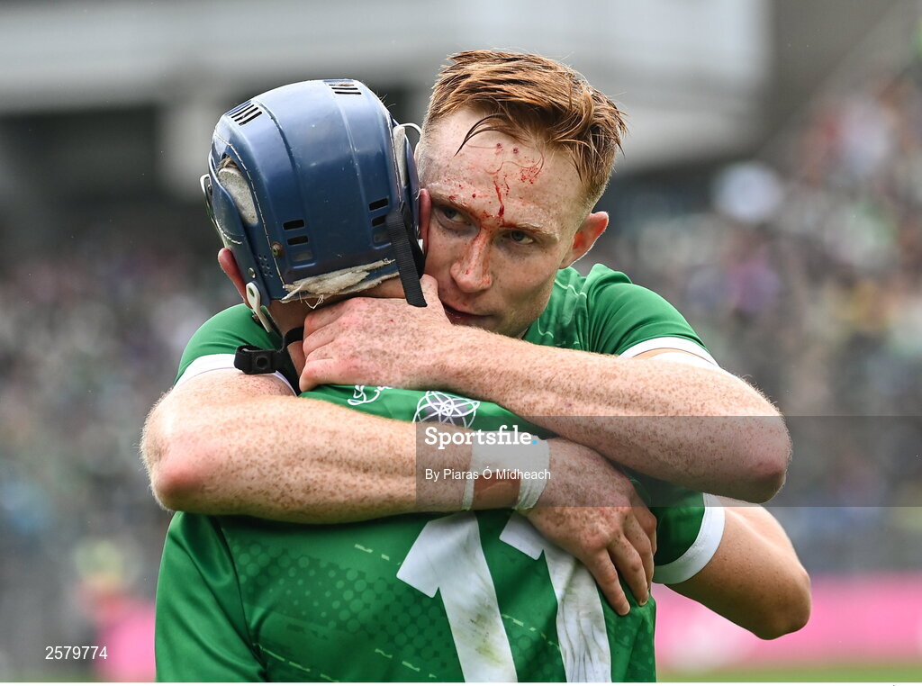 23 July 2023; Limerick players William O'Donoghue, behind, and David Reidy celebrate after their side's victory in the GAA Hurling All-Ireland Senior Championship final match between Kilkenny and Limerick at Croke Park in Dublin. Photo by Piaras Ó Mídheach/Sportsfile