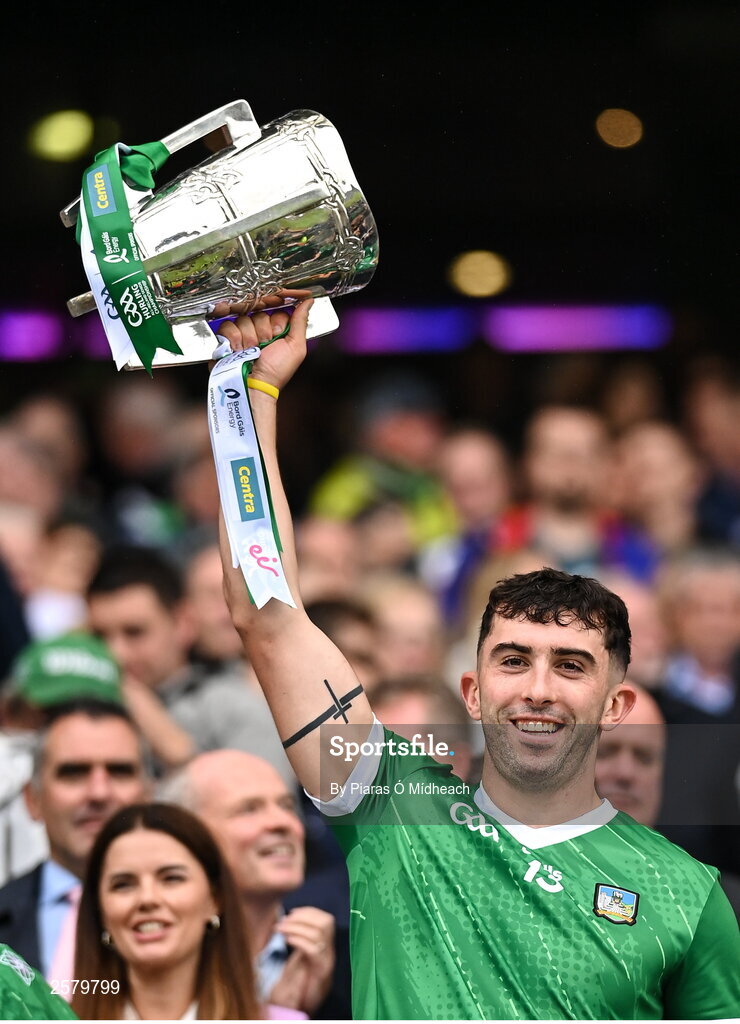 23 July 2023; Aaron Gillane of Limerick lifts the Liam MacCarthy Cup after his side's victory in the GAA Hurling All-Ireland Senior Championship final match between Kilkenny and Limerick at Croke Park in Dublin. Photo by Piaras Ó Mídheach/Sportsfile
