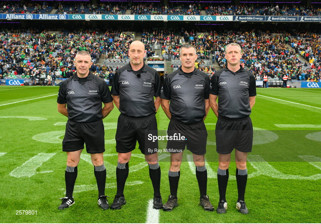 23 July 2023; Match officials, left to right, standby referee Liam Gordon, referee John Keenan, linesnman James Owens and sideline official Shane Hynes before the GAA Hurling All-Ireland Senior Championship final match between Kilkenny and Limerick at Croke Park in Dublin. Photo by Ray McManus/Sportsfile