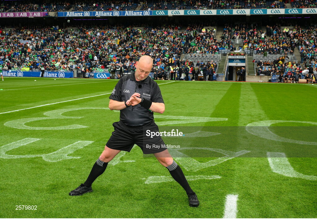 23 July 2023; Referee John Keenan checks his watch before the GAA Hurling All-Ireland Senior Championship final match between Kilkenny and Limerick at Croke Park in Dublin. Photo by Ray McManus/Sportsfile