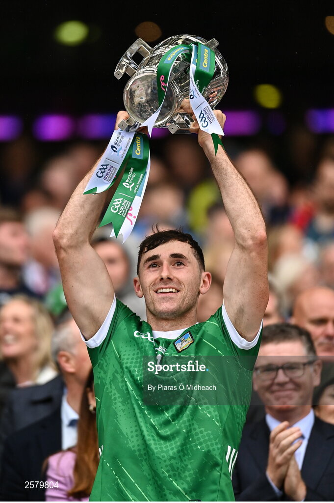 23 July 2023; Barry Nash of Limerick lifts the Liam MacCarthy Cup after his side's victory in the GAA Hurling All-Ireland Senior Championship final match between Kilkenny and Limerick at Croke Park in Dublin. Photo by Piaras Ó Mídheach/Sportsfile
