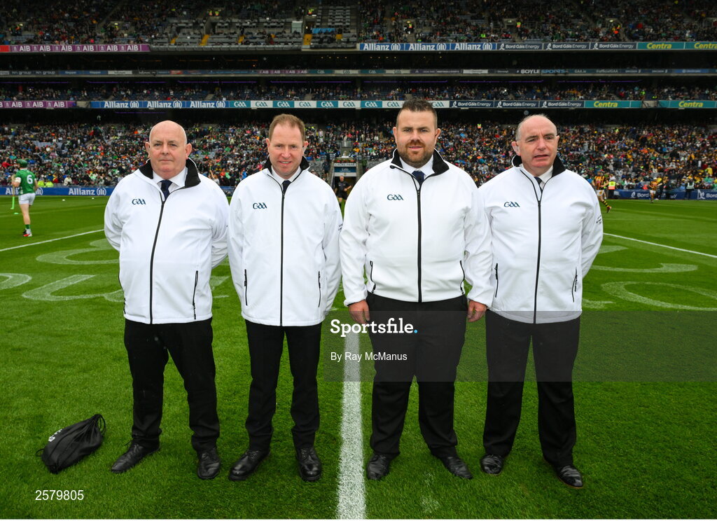 23 July 2023; Umpires, left to right, Paul Reville, Turin, David Clune, Delvin, Tommy Redmond, Tinahely and Eddie Leonard, St Patrick’s, before the GAA Hurling All-Ireland Senior Championship final match between Kilkenny and Limerick at Croke Park in Dublin. Photo by Ray McManus/Sportsfile